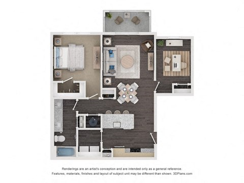 Floor plan for 1 bed, 1 bath, 876 sqft